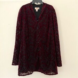 Talbots Red Black Velvet Burnout Top Size 12 Sheer Button Whimsigoth Vamp Formal